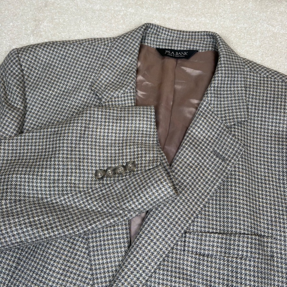 Jos A Bank Mens 46L Silk Blazer Gray Brown Houndstooth Two Button 46 Long
